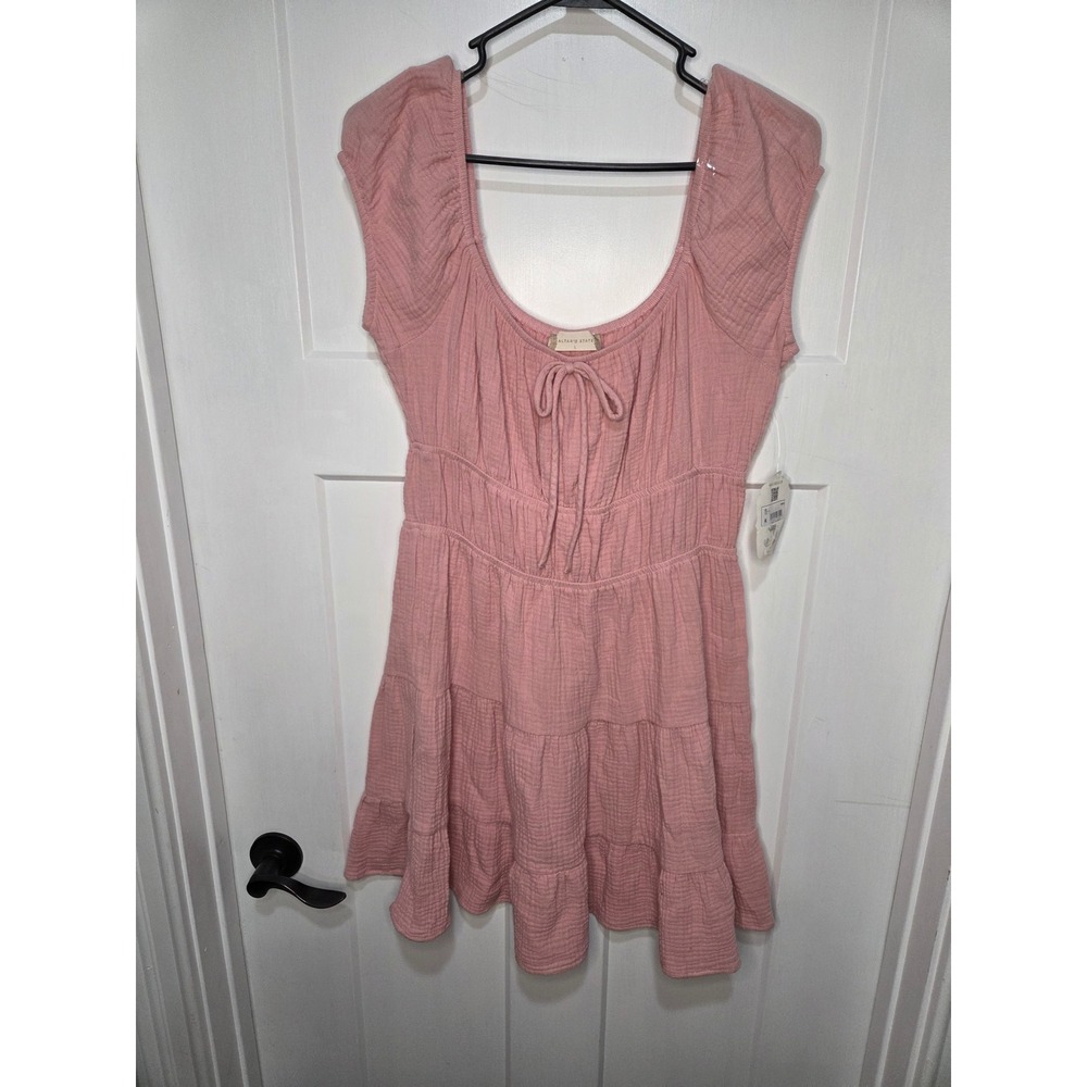Altar'd State Pink Gauze Tiered Mini Dress‎ Smocked Waist DR97115-i NWT Large